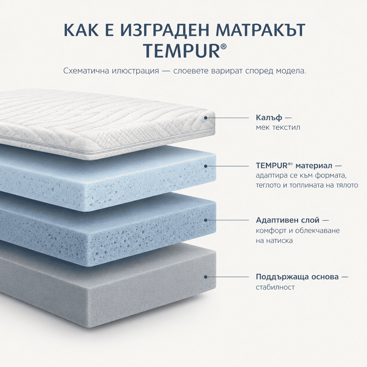 матрак Tempur в разрез - слоеве материал TEMPUR